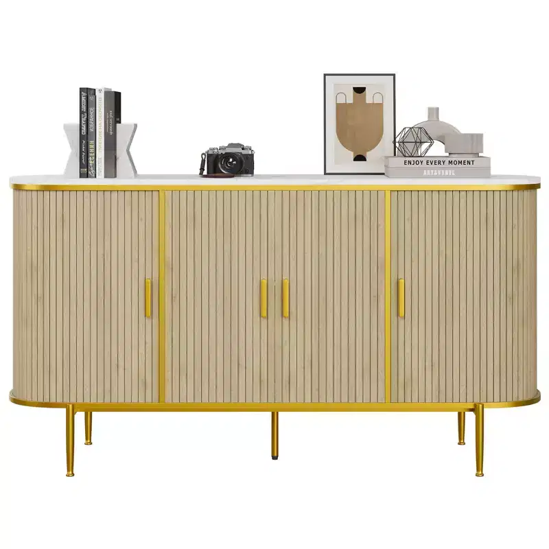 Sideboard Buffet Cabinet with Storage, Fluted Console Cabinet with Faux Marble Top, Mid Century Cabinets for Kitchen, Living Room, Entryway