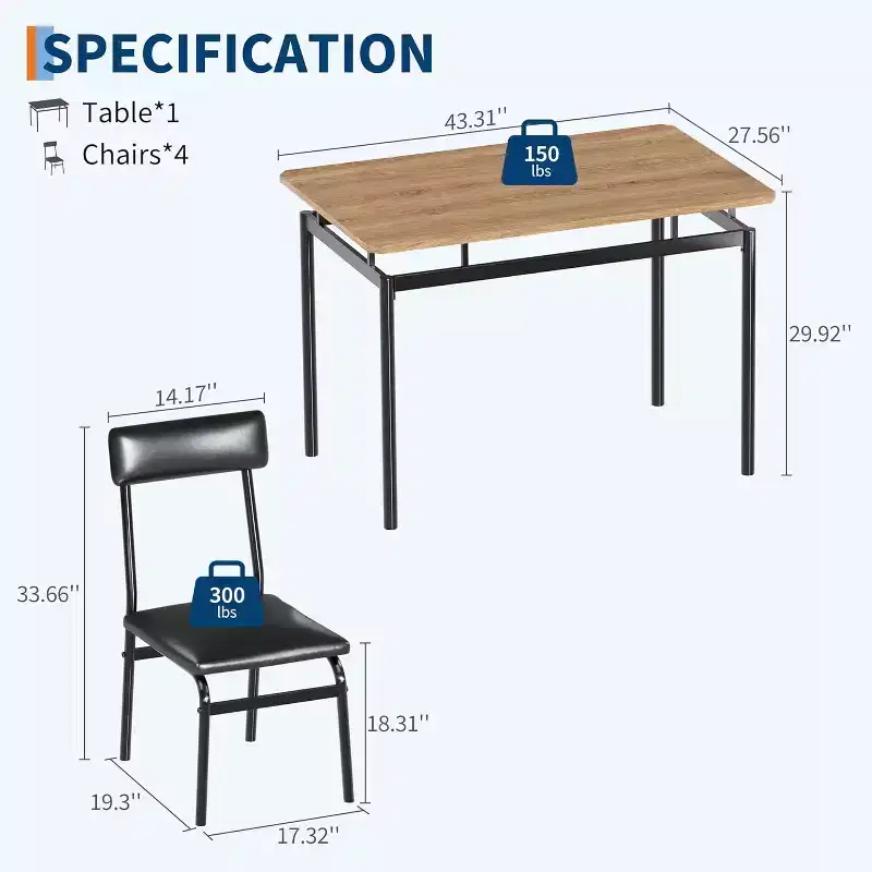 5 Piece Dining Table Set with Wooden Table & 4 PU Upholstered Chairs, Industrial Metal Frame, Compact Kitchen & Dining Room Set