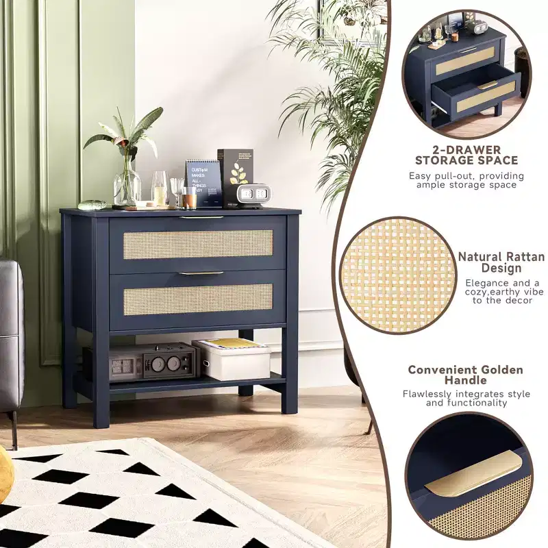 Rattan 2 Drawer Nightstand for Bedroom and Living Room