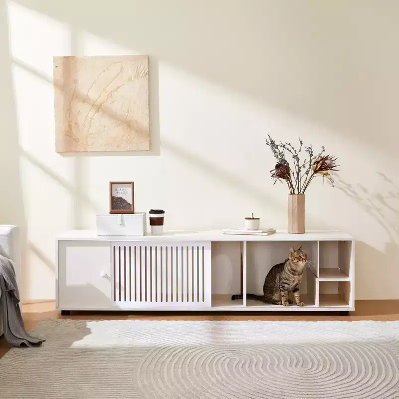 Cat TV Stand Litter Box TV Console with Storage Cabinet & Removable Sliding Door, Cream White-ModernLuxe