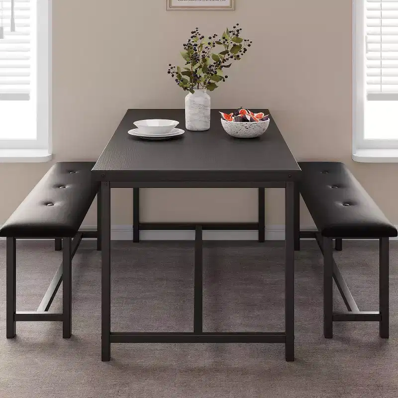 Dining Table Set for 4,Kitchen Table with Benches,Rectangular Dining Room Table Set with 2 Upholstered Benches,3 Piece Dining Table Set for Small Spac