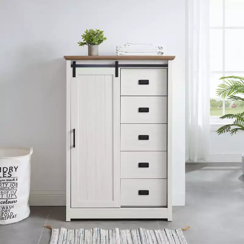 5-Drawer Dresser with Sliding Barn Door, Adjustable Shelves, and Metal Handles for Farmhouse Style