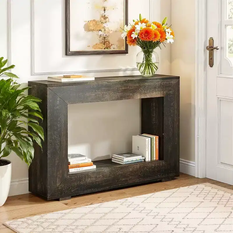 Farmhouse Rustic Wood Grain Console Table with Vintage Charm