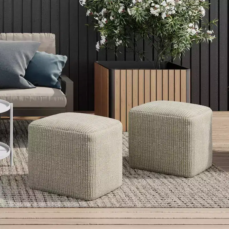 Square Woven PET Polyester Pouf Cream/Natural - : Indoor/Outdoor, UV Resistant, No Assembly Required