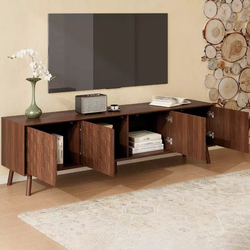 Modern TV Stand with Solid Wood Legs and Textured Square Pattern Doors, 70