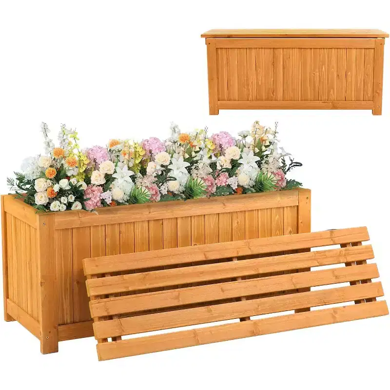 VINGLI Outdoor Wood Bench with Planter Boxes, 2-in-1 All-Weather Porch Bench Seat  Open-Ended Raised Garden Bed, for Balcony Patio (Rectangle)