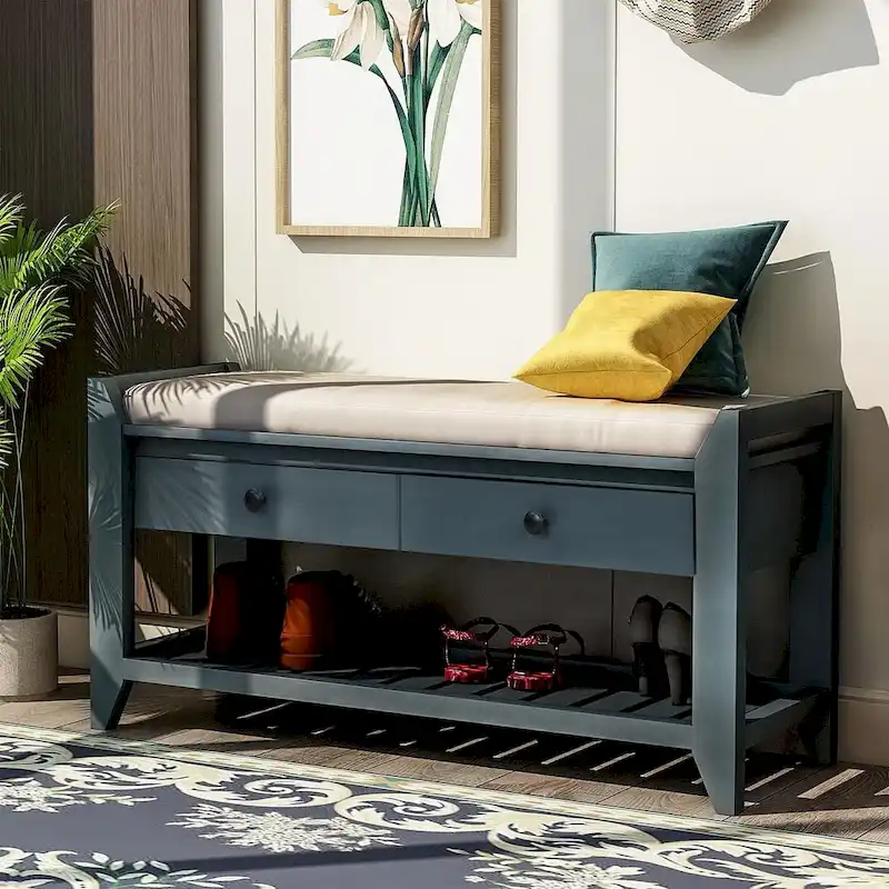 Wooden Storage Bench with Shoe Rack and Drawers
