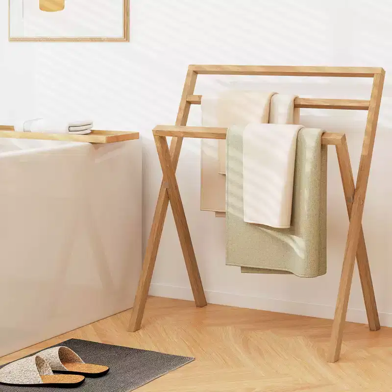 Freestanding Towel Rack Foldable Teak Wood Blanket Holder with 3 Hanging Crossbars