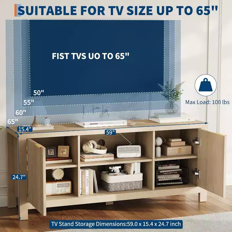 TV Stand 65 Inches, Mid Century Modern TV Entertainment Center with Storage Cabinets & Open Shelves, Wood TV Cabinet for Living Room
