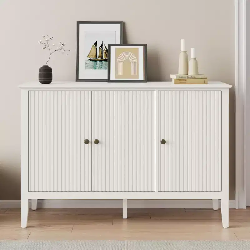 Fluted 3-Door Cabinet, Modern White Buffet Cabinet with Adjustable Shelves & Metal Knobs, Sideboard Coffee Bar Cabinet, Storage Cabinet,White
