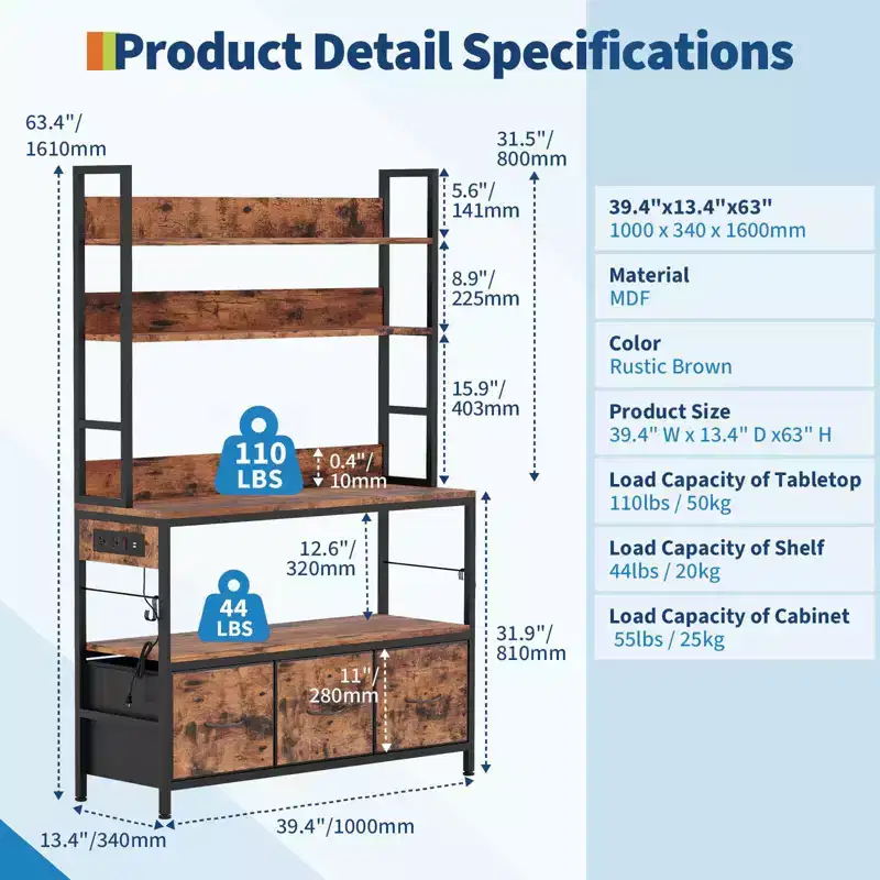 Kitchen Bakers Rack with Charging Station & Drawers, Industrial Microwave Stand, Freestanding Farmhouse Coffee Bar, Utility Shelves with Hooks
