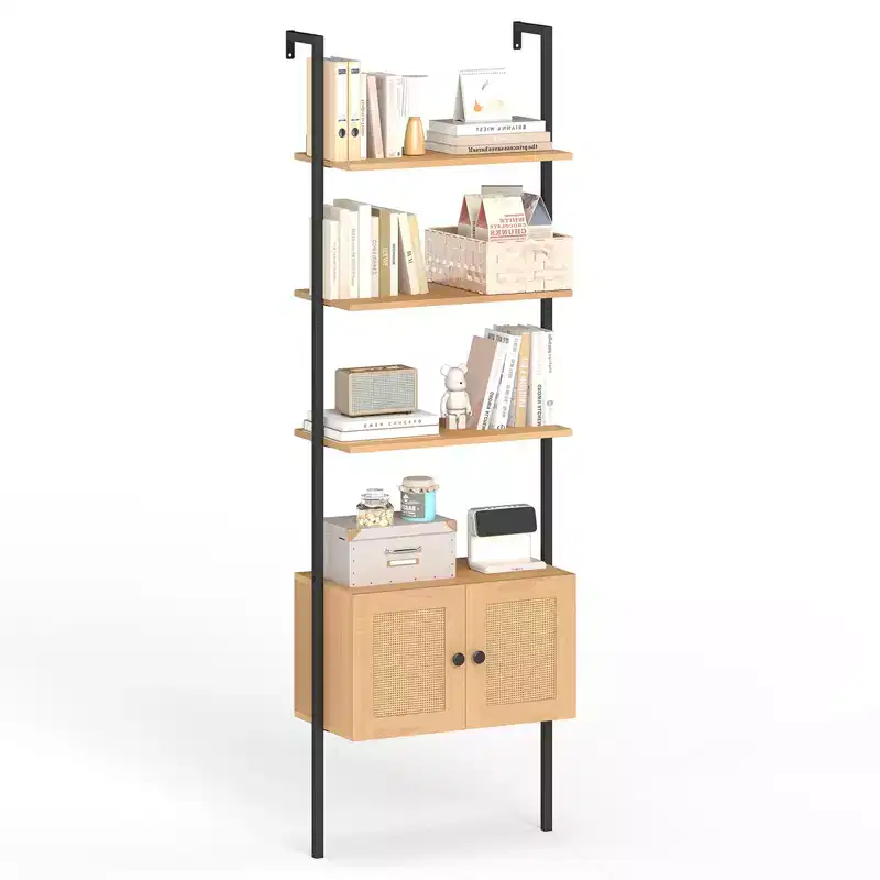 Costway Wall-Mounted Ladder Shelf 5-tier Bookshelf w/ Rattan-Door Cabinet Display Rack