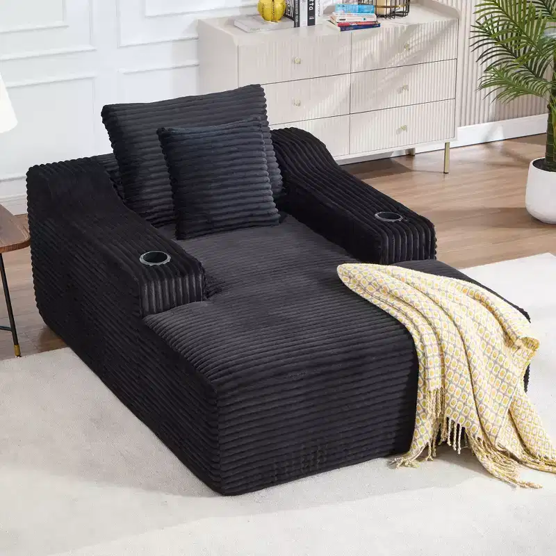 67 Corduroy Chaise Lounge, 9.9 Armrests, Deep Seat Recliner, Convertible Frameless Sofa Bed with 2 Pillows