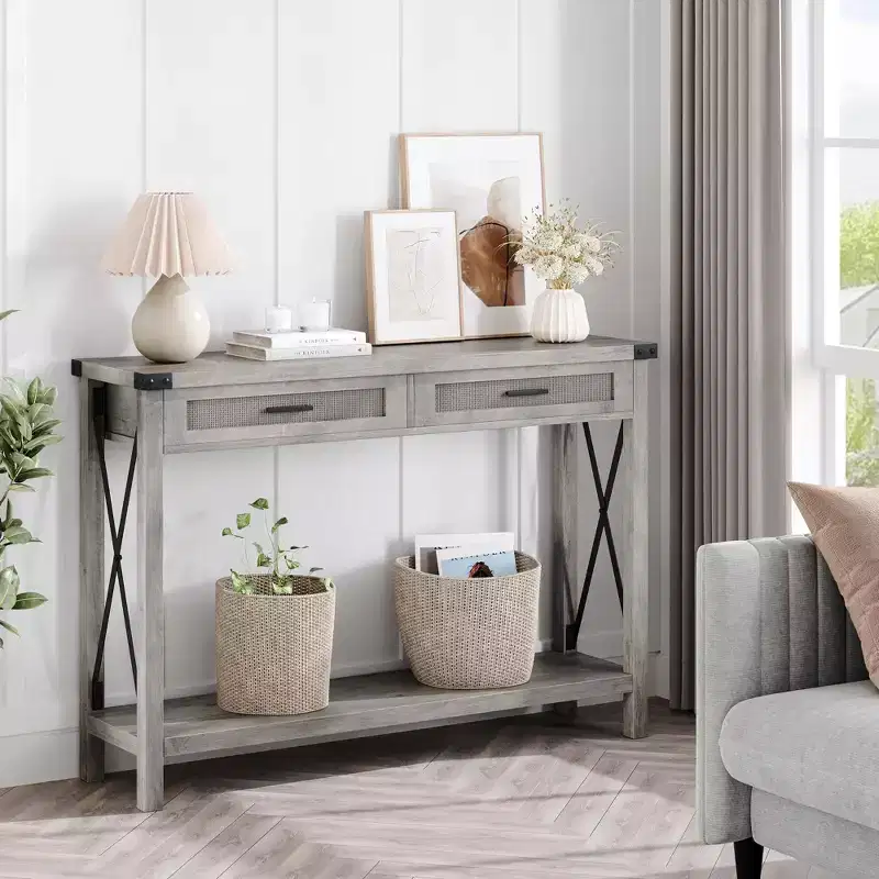 Farmhouse Entryway Table with 2 Drawers, Rataan Console Table for Entryway, Wooden Sofa Table for Living Room, Foyer, Hallway