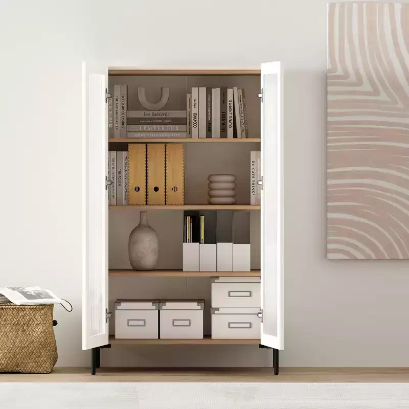 GDFStudio Biorn 31.5 Modern Tempered Glass Door Storage Cabinet with Tray Top