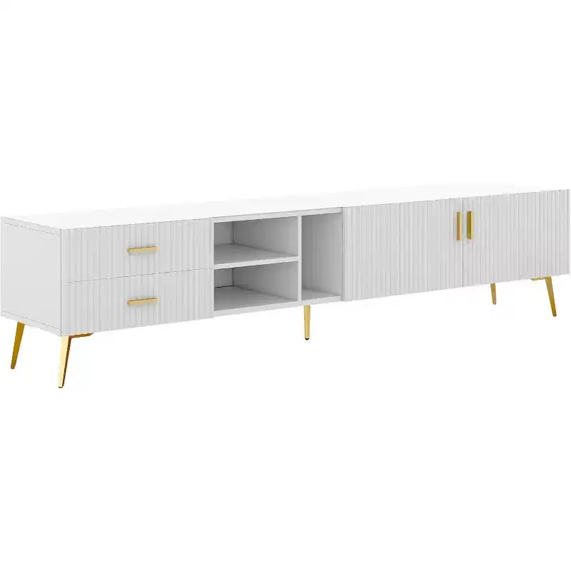 Acekool Modern TV Stand with 4 Hidden Storage Spaces, 3 Open Shelves & 2 Drawers, Supports TVs up to 77, White with Champagne Legs