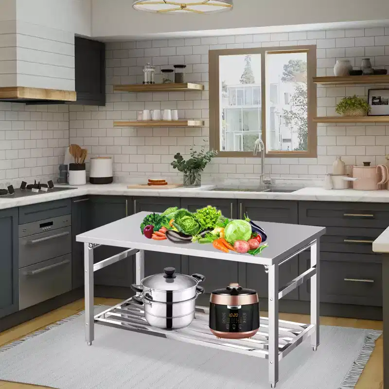 Stainless Steel Work Table for Commercial Kitchen - Foldable Prep Table with Adjustable Shelf, Food Grade Metal Workbench for Restaurant, Home