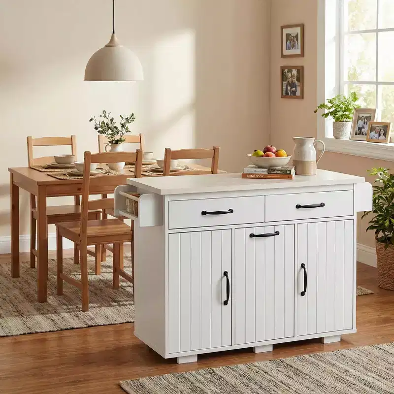 Kitchen Island Cart with Tilt-Out Trash Storage and Rolling Wheels, White