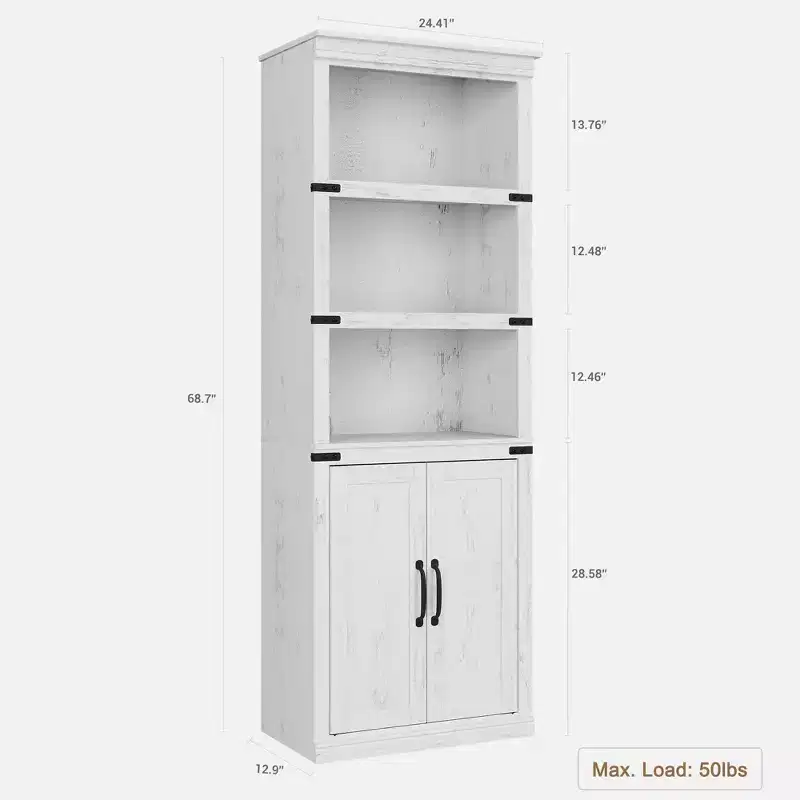 Coolmee Farmhouse Bookcases with Doors, 5 Tier Bookshelf with Storage, Wooden Storage Cabinet for Living Room, Home, Office, Bedroom