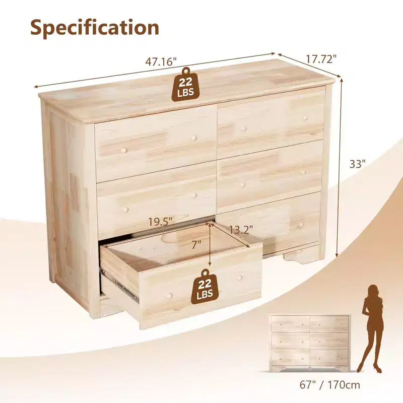 6-Drawer Natural MDF (Medium-Density Fiberboard) 47.24in. W Chest of Drawer