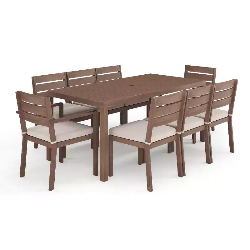 Martha Stewart Bedford Indoor-Outdoor Patio Set with 71 Table and 8 Dining Chairs with Brushed Woodgrain Aluminum Finish and All-Weather Seat Cushion