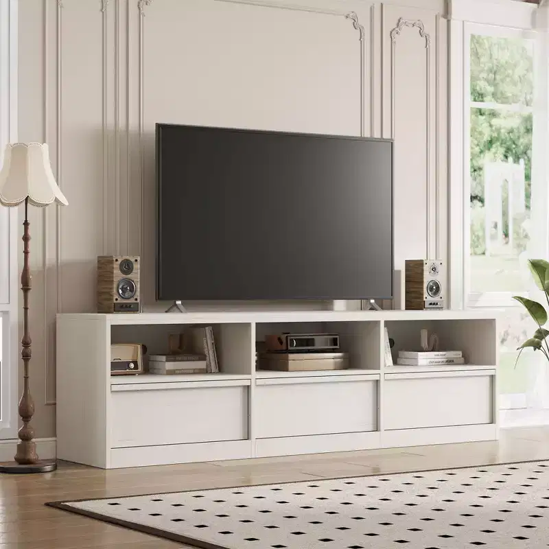Modern TV stand, perfect for industrial-style interiors, featuring 3 drawers and shelves. Constructed from sturdy MDF, ideal for living rooms