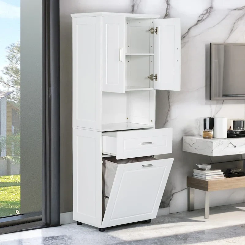 Tall Bathroom Storage Cabinet with Laundry Basket