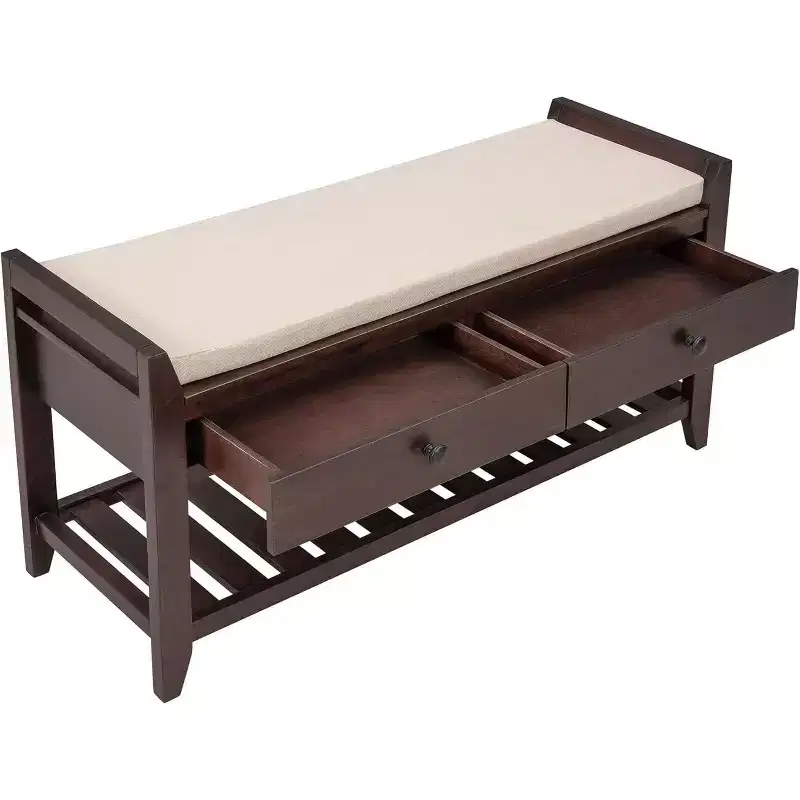 Acekool 35.4 Farmhouse Storage Bench with Cushion, 2-Tier Entryway Bench with Shelf & 2 Drawers for Bedroom, Hallway, Living Room, Espresso