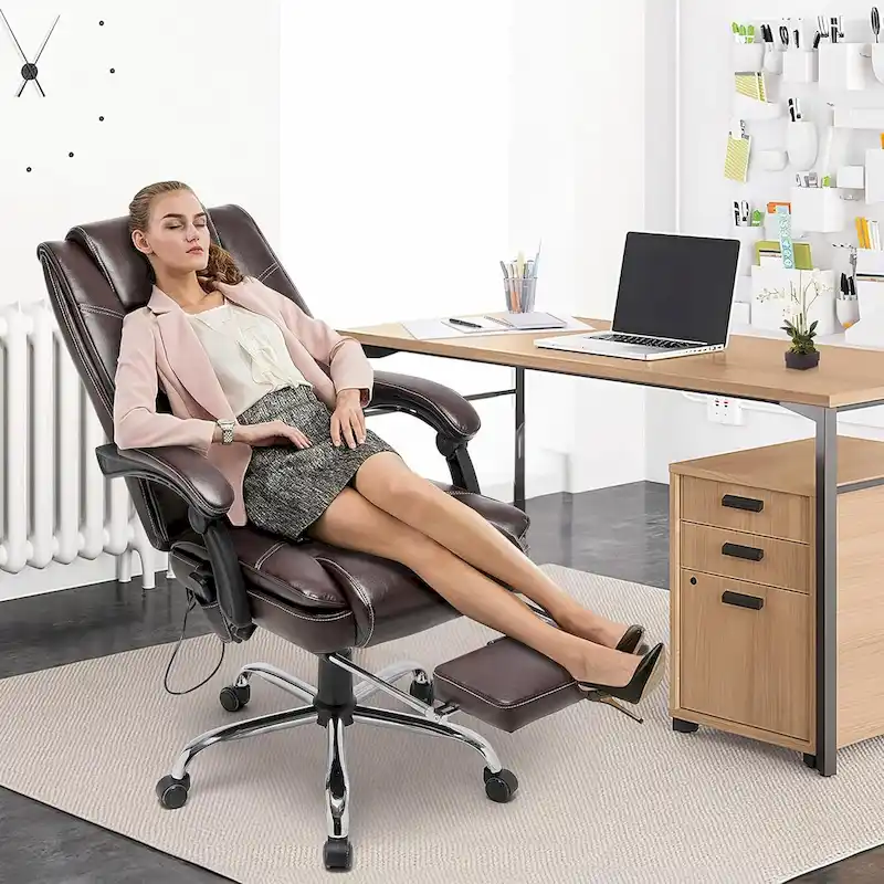 Ergonomic Heated Executive Office Chair, 2/4/6-Point Massage, Retractable Footrest, PU Leather