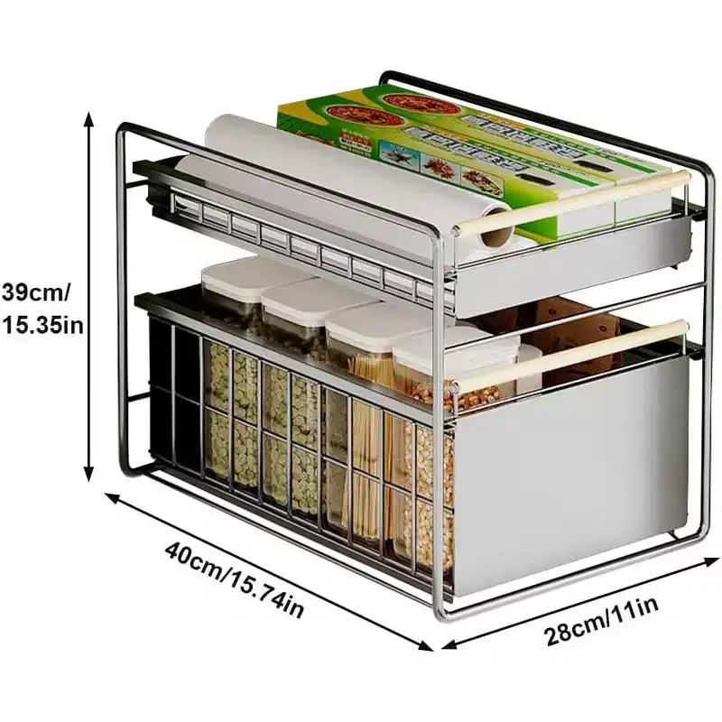 2-Tier Stainless Steel Pull-Out Cabinet Organizer w/Soft-Close Slides - Heavy Duty for Kitchen/Pantry Storage