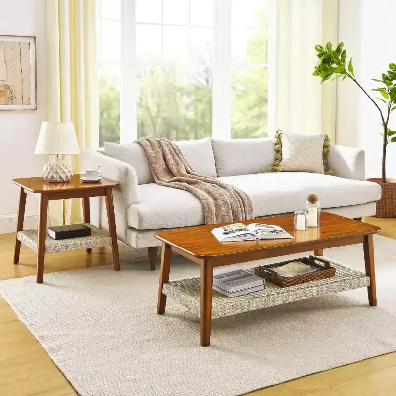 Farmhouse Coffee Table with Woven Shelf, 47