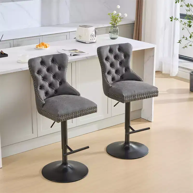 Set of 2 Bar Stools, Modern Upholstered Swivel Counter Stools with Tufted Backrest, Rivet Trim, and 26-33 inch Adjustable Height for Kitchen