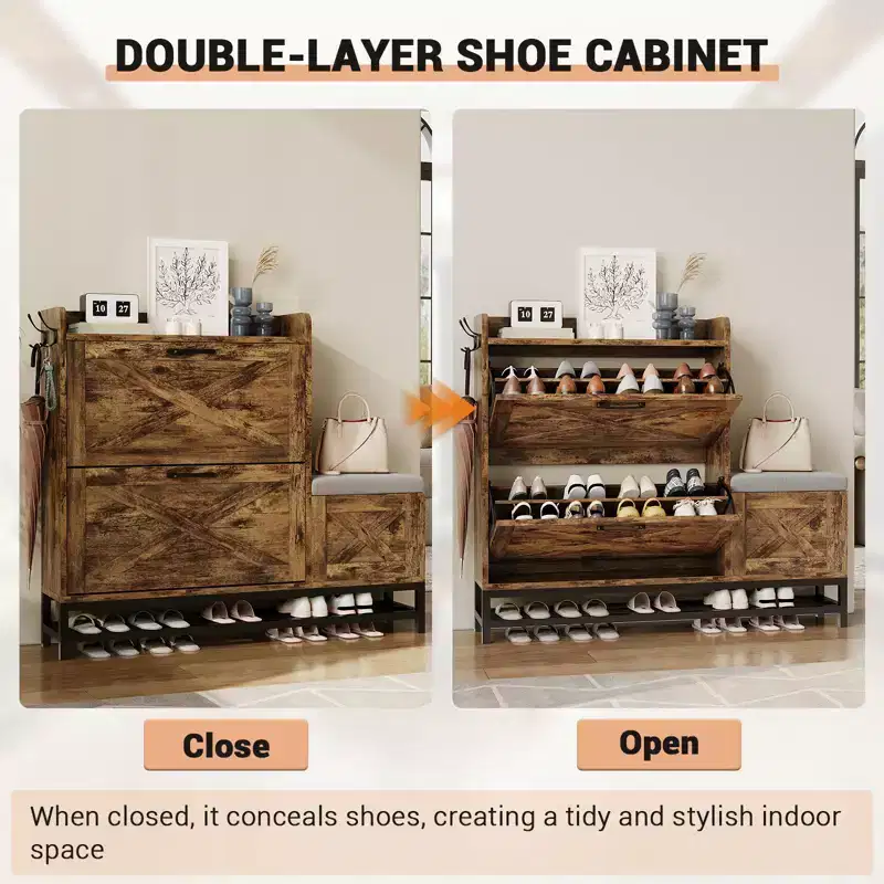 Shoe Cabinet with Bench, Farmhouse Narrow Slim Shoe Storage Cabinet 2 Flip Drawers for Entryway, Living Room, Hallway