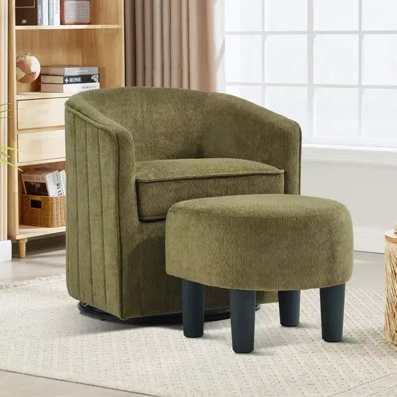 Bestier Swivel Accent Chair with Ottoman Set, Barrel Club Chair with Simple Line Design for Living Room Bedroom, Round Reading Chair