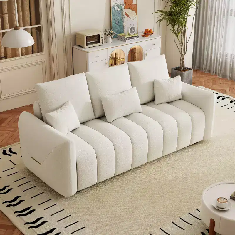 PexFix 80.7 in. W Premium Teddy Fabric 3-Seat Sofa in White with 3 Pillows and 3 Back Cushions for Living Room Bedroom and Office