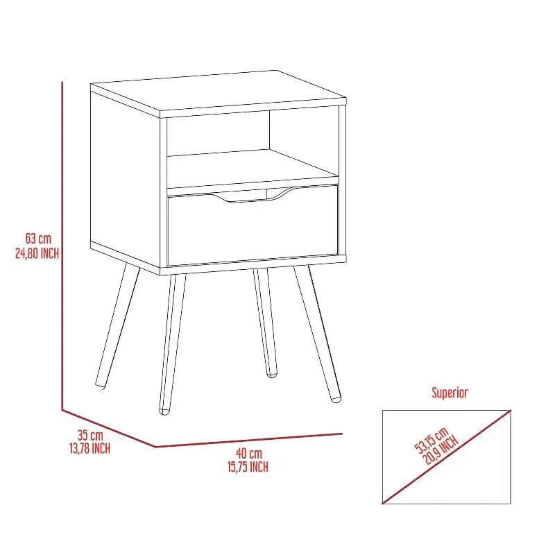 Modern Nightstand with Open Shelf and Single Drawer, Smokey Oak / White Finish