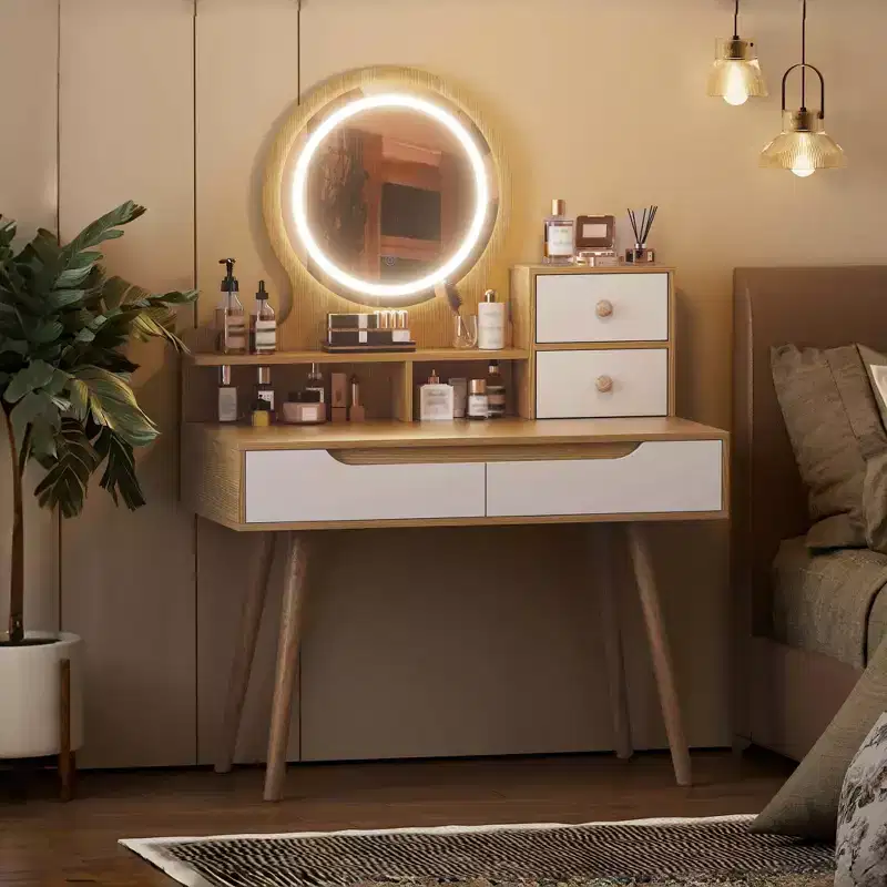 HYLEORY Elegant Makeup Vanity Desk with Adjustable Lighted Mirror, Solid Wood Table Feet, American White Oak, MDF, Compact Size