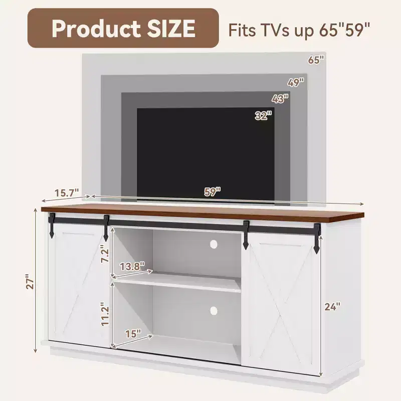 HYLEORY 59' Farmhouse Sliding Barn Door TV Stand with Adjustable Shelves for Living Room