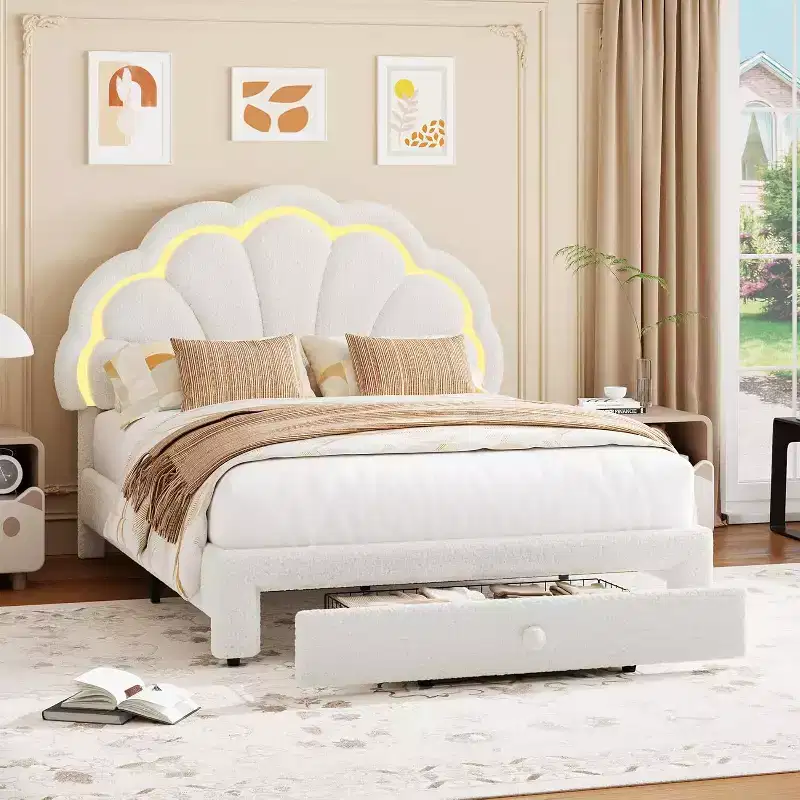 Upholstered LED Bed Frame with Adjustable Chic Headboard and Storage Drawer