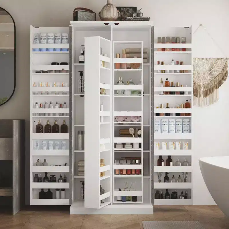 Modern Double-Door Vanity Cabinet with Rotating Storage, Makeup Organizer