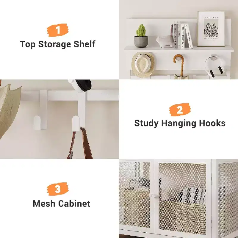 Hall Tree Coat Rack, 185cm White Narrow Entryway Organizer  7 Hooks 3-Tier Shoe Shelf Metal Frame MDF Cabinet for Mudroom/Bedroom/Hallway