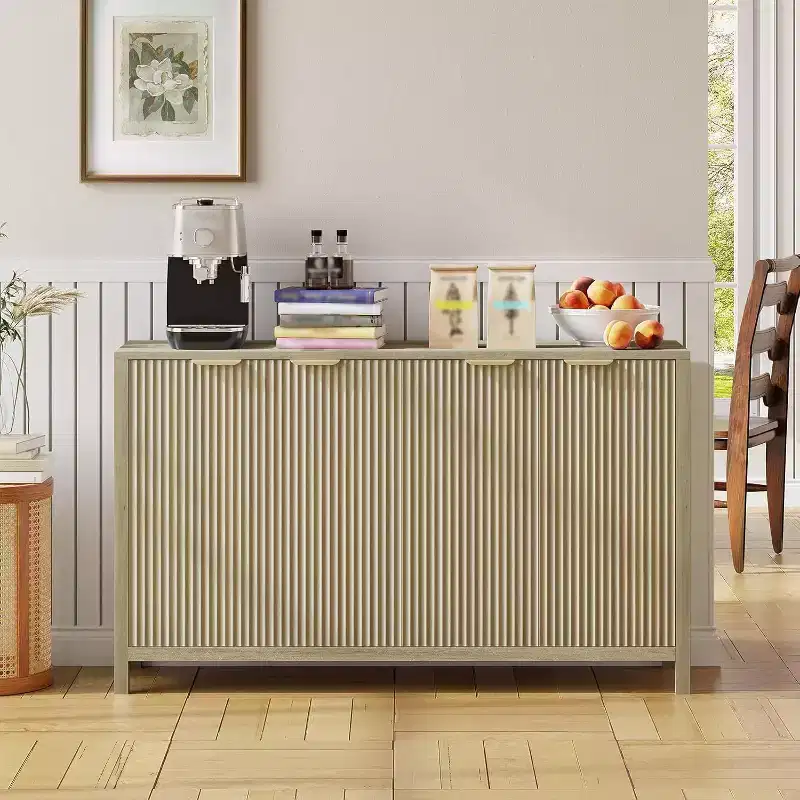 Fluted Sideboard Buffet Cabinet, Modern 4-Door Storage with Adjustable Shelves for Kitchen, Dining, Living Room, or Entryway
