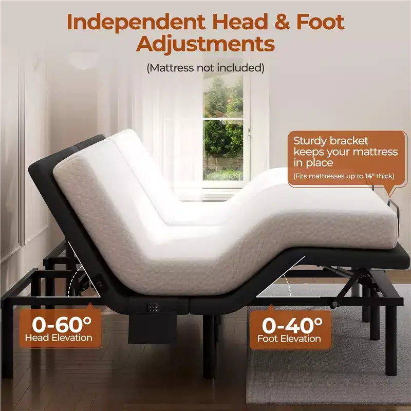 Adjustable Bed Base with Independent Head & Foot Incline, LED Lights & USB Ports, 750 lbs