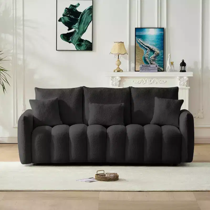 78 inch Premium Teddy Fabric Sofa with 3 Back Pillows and 3 Back Cushions Solid Wood Frame 3 Seat Sofa with Oversized Upholstered Chair