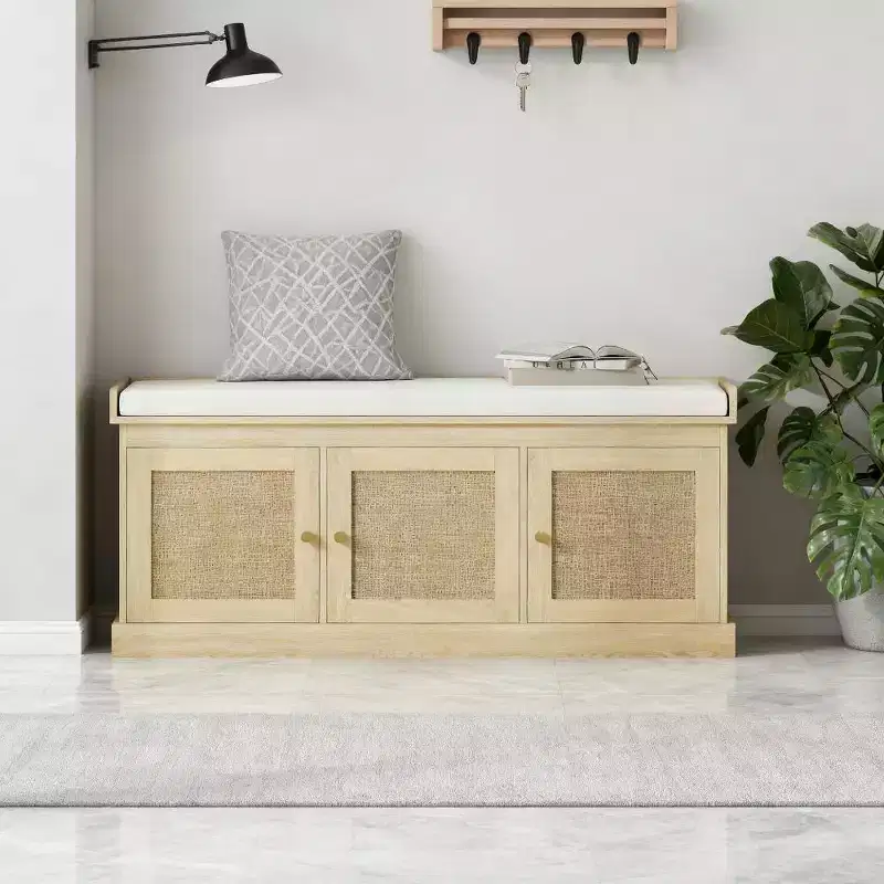 41 Country-Style Shoe Storage Bench with Woven Rattan Doors, Small Entryway Bench with Removable Linen Cushion for Small Spaces-Panipeachy