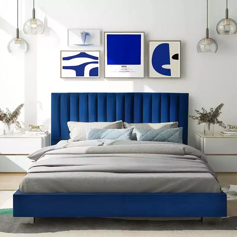 Upholstered Bed Frame Full Size Modern Platform Bed with Vertical Channel Headboard No Box Spring Needed Navy/Grey