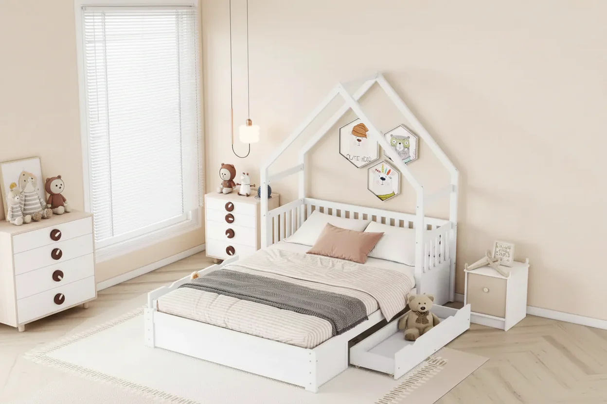 Queen Size Wood Bed with Guardrail, 2 Drawers, Easy Assembly