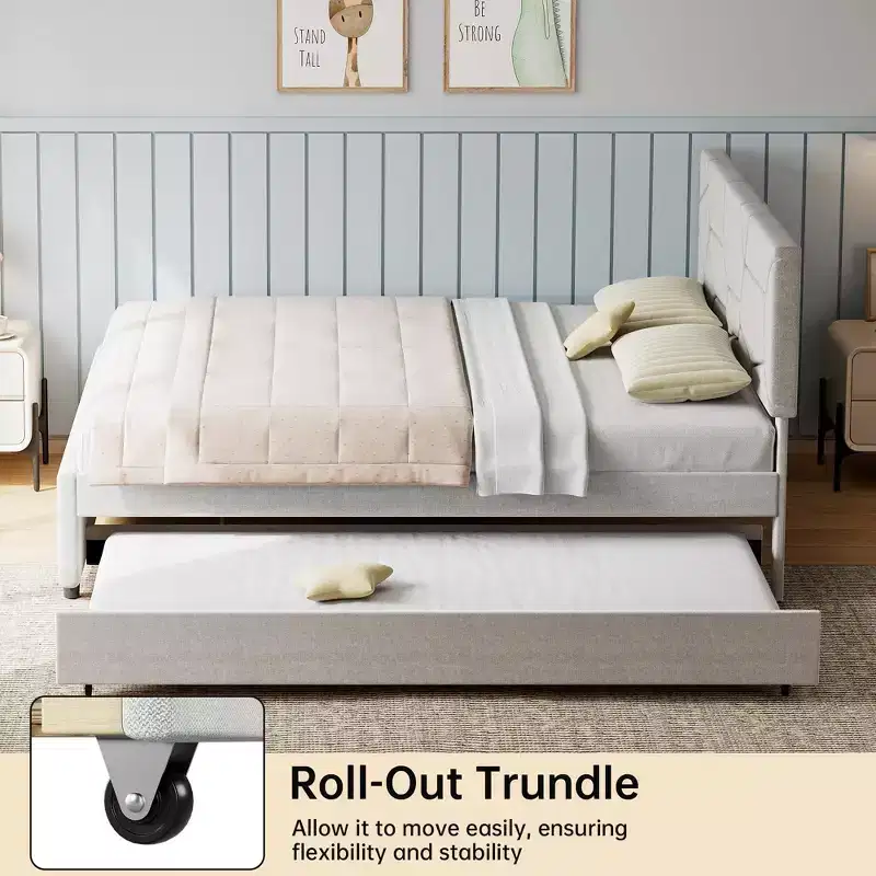 Trundle Bed Frame, Upholstered Platform Bed Frame with Pull-Out Bed, Space-Saving Design, Wood Slat Support, 500LB Capacity, White