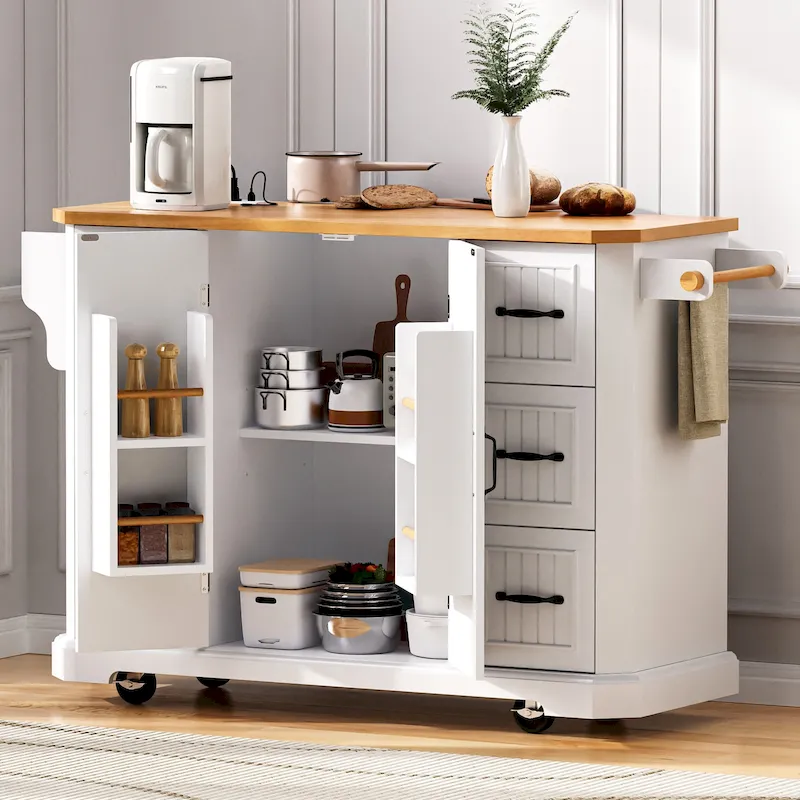 56 Inch Kitchen Island With Rubber Wood Veneer Drop Leaf(no include stool)