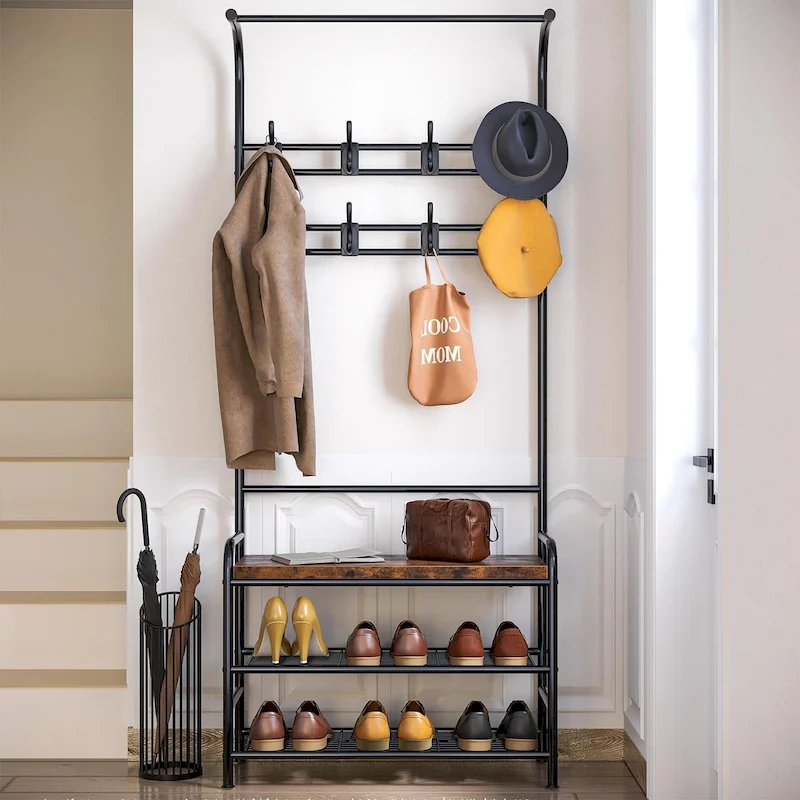 Narrow Hall Tree Storage Bench for Entryway, Coat Rack Shoe Bench